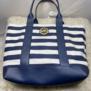 MICHAEL KORS FULTON CANVAS STRIPED MED TOTE SHOULDER BAG NAVY AUTHENTIC